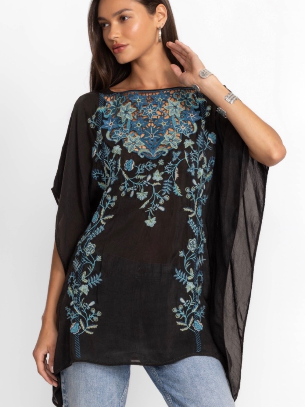 Johnny Was Black Embroidered Rebecca Poncho S/M $328